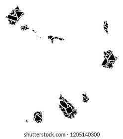Mosaic map of Cape Verde Islands formed with black flat geometric shapes, such as triangles, stars, rectangles, circles, ellipses, segments, sectors, rhombuses, squares, polygons, semi-circles.