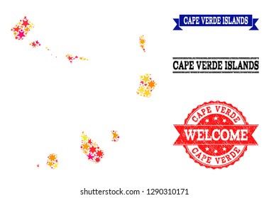 Mosaic map of Cape Verde Islands created with colored flat stars, and grunge textured stamps, isolated on an white background.