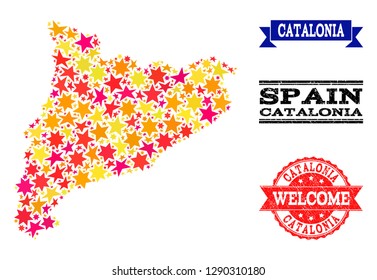 Mosaic map of Catalonia created with colored flat stars, and grunge textured stamps, isolated on an white background. Vector colored geographic abstraction of map of Catalonia with red, yellow,