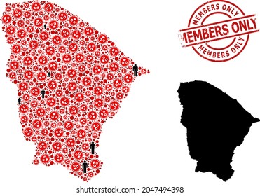 Mosaic map of Ceara state united from flu virus elements and people items. Members Only textured badge. Black people elements and red virus outbreak elements.