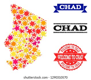 Mosaic map of Chad formed with colored flat stars, and grunge textured stamps, isolated on an white background. Vector colored geographic abstraction of map of Chad with red, yellow, orange stars.