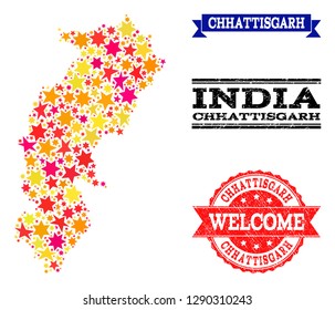 Mosaic map of Chhattisgarh State created with colored flat stars, and grunge textured stamps, isolated on an white background.