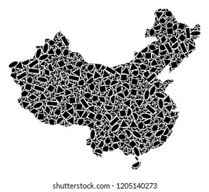 Mosaic map of China composed with black flat geometric objects, such as triangles, stars, rectangles, circles, ellipses, segments, sectors, rhombuses, squares, polygons, semi-circles.