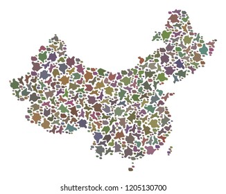 Mosaic map of China composed with colored flat stones. Vector varicolored geographic abstraction of map of China.