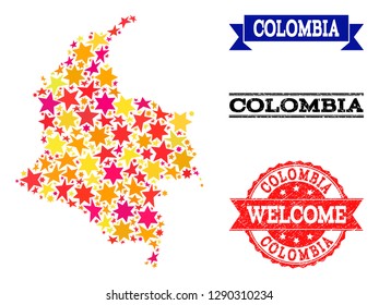 Mosaic map of Colombia designed with colored flat stars, and grunge textured stamps, isolated on an white background. Vector colored geographic abstraction of map of Colombia with red, yellow,