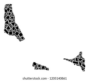 Mosaic map of Comoros Islands designed with black flat geometric primitives, such as triangles, stars, rectangles, circles, ellipses, segments, sectors, rhombuses, squares, polygons, semi-circles.