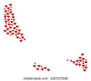 Mosaic Map Of Comoros Islands Designed With Red Love Hearts. Vector Lovely Geographic Abstraction Of Map Of Comoros Islands With Red Romantic Symbols. Romantic Design For Wedding Projects.