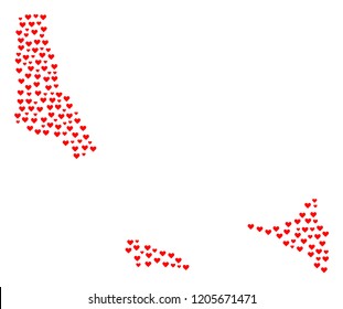 Mosaic map of Comoros Islands formed with red love hearts. Vector lovely geographic abstraction of map of Comoros Islands with red dating symbols. Romantic design for dating purposes.