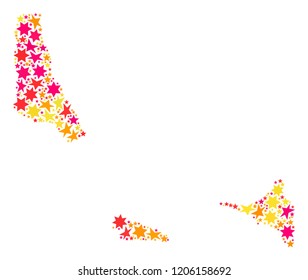 Mosaic map of Comoros Islands formed with colored flat stars. Vector colored geographic abstraction of map of Comoros Islands with red, yellow, orange stars. Festive design for holiday illustrations.
