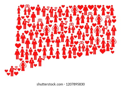 Mosaic map of Connecticut State composed with red lovely men. Vector lovely geographic abstraction of map of Connecticut State with red romantic symbols.
