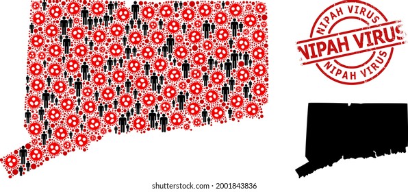 Mosaic map of Connecticut State composed of flu virus icons and humans icons. Nipah Virus grunge watermark. Black men icons and red virus outbreak items. Nipah Virus message is inside round watermark.
