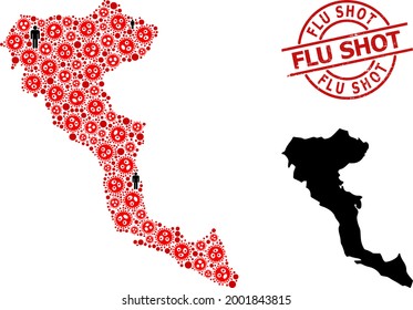 Mosaikkarte der Insel Korfu, die aus SARS-Virus-Symbolen und Populationselementen gebaut wurde. Grippeschuss kratzte Robbe. Schwarze Crowd-Symbole und rote Viruselemente. Grippe-Shotsatz in rundem Siegel.