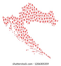 Mosaic map of Croatia composed with red lovely people. Vector lovely geographic abstraction of map of Croatia with red family symbols. Romantic flat design for patriotic illustrations.