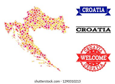 Mosaic map of Croatia created with colored flat stars, and grunge textured stamps, isolated on an white background. Vector colored geographic abstraction of map of Croatia with red, yellow,