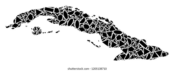 Mosaic map of Cuba island designed with black flat geometric objects, such as triangles, stars, rectangles, circles, ellipses, segments, sectors, rhombuses, squares, polygons, semi-circles.