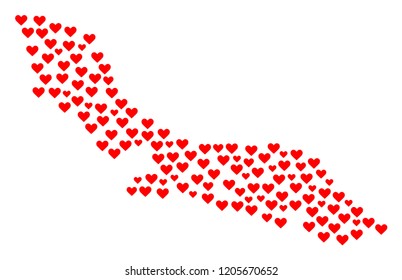 Mosaic map of Curacao Island composed with red love hearts. Vector lovely geographic abstraction of map of Curacao Island with red wedding symbols. Romantic design for wedding projects.