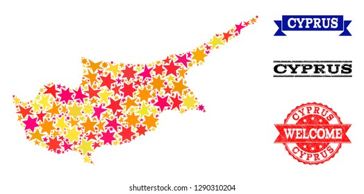 Mosaic map of Cyprus Island created with colored flat stars, and grunge textured stamps, isolated on an white background. Vector colored geographic abstraction of map of Cyprus Island with red,