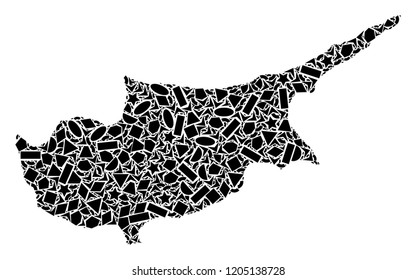 Mosaic map of Cyprus Island formed with black flat geometric objects, such as triangles, stars, rectangles, circles, ellipses, segments, sectors, rhombuses, squares, polygons, semi-circles.