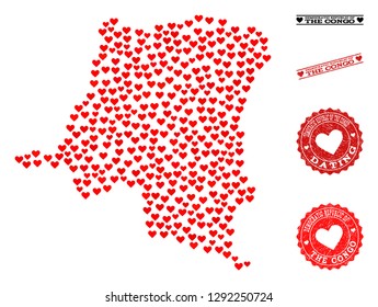 Mosaic map of Democratic Republic of the Congo composed with red love hearts, and grunge watermarks for dating.