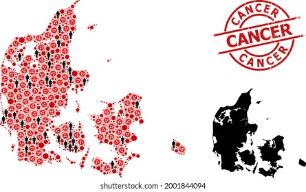 Mosaic map of Denmark designed from covid-2019 elements and population elements. Cancer scratched badge. Black man elements and red covid-2019 elements. Cancer message is inside round stamp.