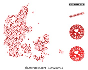 Mosaic map of Denmark designed with red love hearts, and grunge stamp seals for dating. Vector lovely geographic abstraction of map of Denmark with red dating symbols.