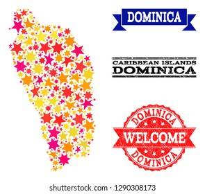 Mosaic map of Dominica Island created with colored flat stars, and grunge textured stamps, isolated on an white background. Vector colored geographic abstraction of map of Dominica Island with red,