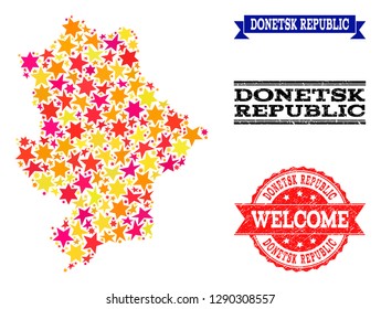 Mosaic map of Donetsk Republic composed with colored flat stars, and grunge textured stamps, isolated on an white background. Vector colored geographic abstraction of map of Donetsk Republic with red,