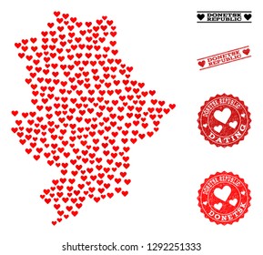 Mosaic map of Donetsk Republic designed with red love hearts, and grunge watermarks for Valentines day. Vector lovely geographic abstraction of map of Donetsk Republic with red romantic symbols.