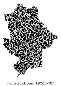 Mosaic map of Donetsk Republic formed with black flat geometric shapes, such as triangles, stars, rectangles, circles, ellipses, segments, sectors, rhombuses, squares, polygons, semi-circles.