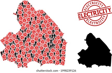 Mosaic map of Drenthe Province constructed from covid infection items and men items. Electricity textured seal stamp. Black men items and red covid elements. Electricity title inside round seal stamp.