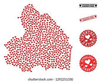 Mosaic map of Drenthe Province designed with red love hearts, and grunge watermarks for dating. Vector lovely geographic abstraction of map of Drenthe Province with red dating symbols.