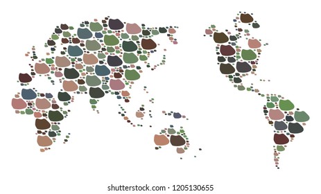 Mosaic map of Earth composed with colored flat concretions. Vector versicolor geographic abstraction of map of Earth.