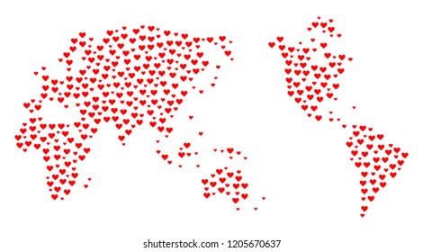 Mosaic map of Earth composed with red love hearts. Vector lovely geographic abstraction of map of Earth with red romantic symbols. Romantic design for wedding posters.
