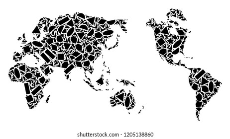 Mosaic map of Earth created with black flat geometric primitives, such as triangles, stars, rectangles, circles, ellipses, segments, sectors, rhombuses, squares, polygons, semi-circles.