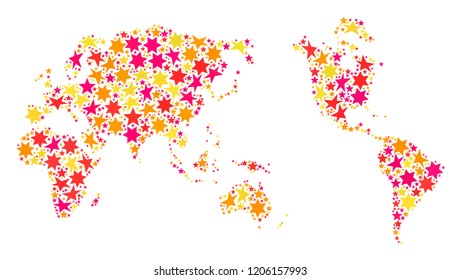 Mosaic map of Earth formed with colored flat stars. Vector colored geographic abstraction of map of Earth with red, yellow, orange stars. Festive design for Xmas illustrations.