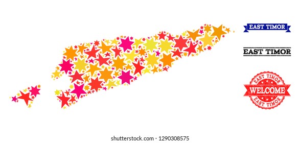 Mosaic map of East Timor composed with colored flat stars, and grunge textured stamps, isolated on an white background. Vector colored geographic abstraction of map of East Timor with red, yellow,