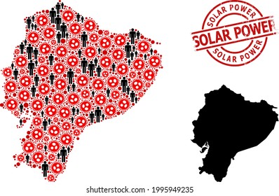 Mapa de mosaicos de Ecuador compuesto por artículos de covid-2019 y artículos de población. Sello rayado por energía solar. Artículos para hombres negros y artículos para virus de fibra roja. Fragmento de energía solar dentro del sello redondo.