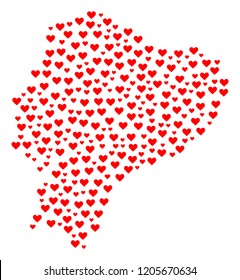 Mosaic map of Ecuador composed with red love hearts. Vector lovely geographic abstraction of map of Ecuador with red romantic symbols. Romantic design for political illustrations.