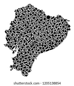 Mosaic map of Ecuador designed with black flat geometric primitives, such as triangles, stars, rectangles, circles, ellipses, segments, sectors, rhombuses, squares, polygons, semi-circles.