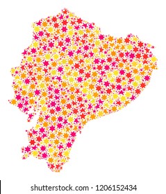 Mosaic map of Ecuador formed with colored flat stars. Vector colored geographic abstraction of map of Ecuador with red, yellow, orange stars. Festive design for New Year illustrations.