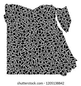 Mosaic map of Egypt composed with black flat geometric figures, such as triangles, stars, rectangles, circles, ellipses, segments, sectors, rhombuses, squares, polygons, semi-circles.