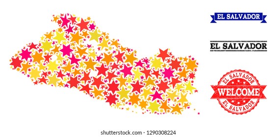 Mosaic map of El Salvador composed with colored flat stars, and grunge textured stamps, isolated on an white background. Vector colored geographic abstraction of map of El Salvador with red, yellow,