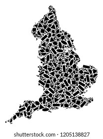 Mosaic map of England composed with black flat geometric shapes, such as triangles, stars, rectangles, circles, ellipses, segments, sectors, rhombuses, squares, polygons, semi-circles.