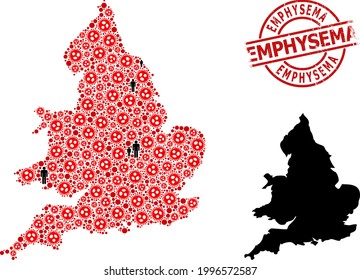 Mapa mosaico de Inglaterra compuesto por íconos de brotes de virus e íconos masculinos. Sello emphysema grunge. Iconos de personas negras y elementos del virus de la gripe roja. La frase de emfisema está dentro del sello de sellado redondo.