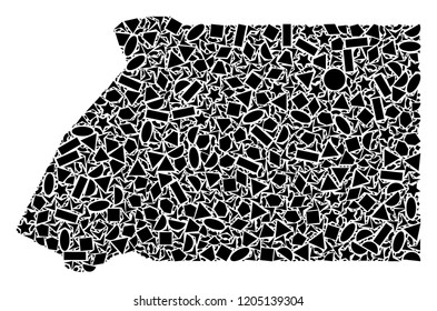 Mosaic map of Equatorial Guinea composed with black flat geometric primitives, such as triangles, stars, rectangles, circles, ellipses, segments, sectors, rhombuses, squares, polygons, semi-circles.