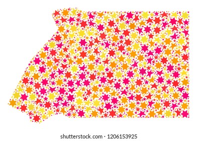 Mosaic map of Equatorial Guinea designed with colored flat stars. Vector colored geographic abstraction of map of Equatorial Guinea with red, yellow, orange stars.
