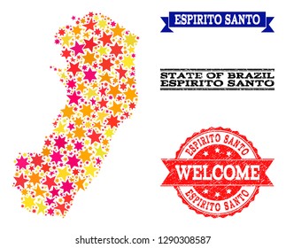 Mosaic map of Espirito Santo State formed with colored flat stars, and grunge textured stamps, isolated on an white background.