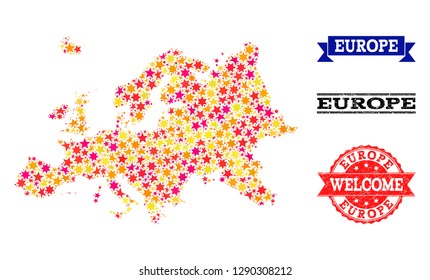 Mosaic map of Europe composed with colored flat stars, and grunge textured stamps, isolated on an white background. Vector colorful geographic abstraction of map of Europe with red, yellow,