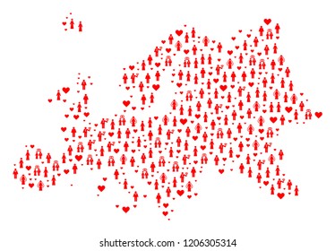 Mosaic map of Europe created with red wedding men and women. Vector lovely geographic abstraction of map of Europe with red wedding symbols. Romantic flat design for wedding projects.
