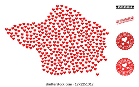 Mosaic map of Faial Island formed with red love hearts, and rubber watermarks for dating. Vector lovely geographic abstraction of map of Faial Island with red romantic symbols.